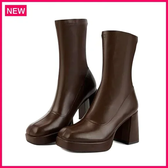 Platform Ankle Boots, Square Toe, Chunky Heel, Pull-On Design, Women's Shoes - Picture 2 of 7